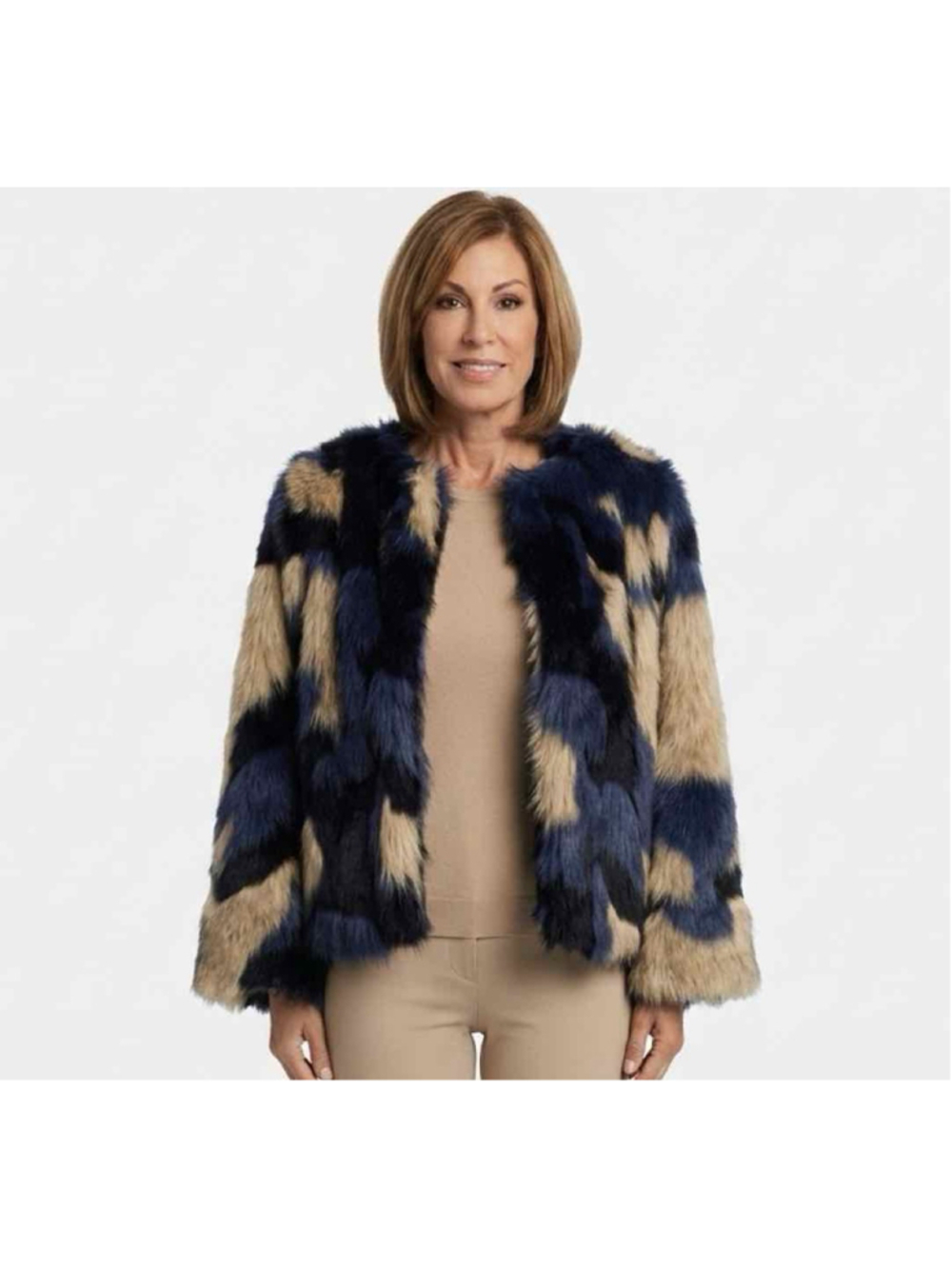 FARM RIO NWT Multicolor Patchwork Faux Fur Jacket Navy Camel Black Small
